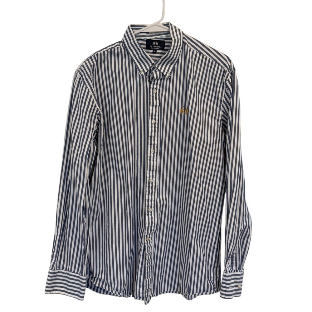 La Martina Buenos Aires Mens Blue White Striped Oxford Button Down Shirt Large